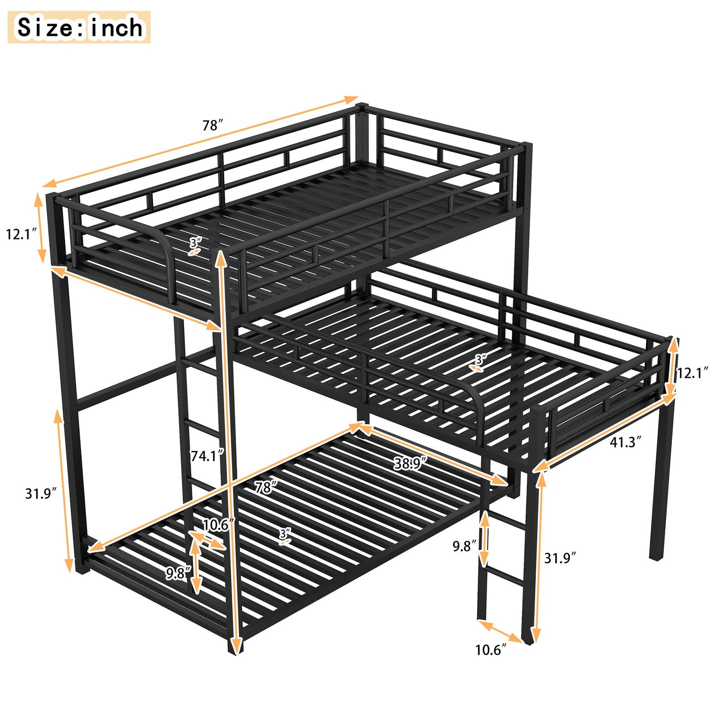 L-Shaped Triple Twin Size Bunk Bed, Industrial Design With Integrated Ladder And Full Length Guardrails - Black - The Sleep Loft - Online Mattress Showroom NYC