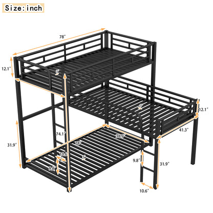 L-Shaped Triple Twin Size Bunk Bed, Industrial Design With Integrated Ladder And Full Length Guardrails - Black - The Sleep Loft - Online Mattress Showroom NYC