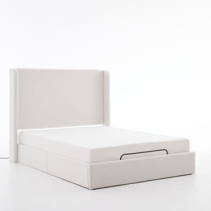 Caron - Queen Size Upholstered Wingback Bed With Adjustable Base Bundle Set - Ivory - The Sleep Loft - Online Mattress Showroom NYC