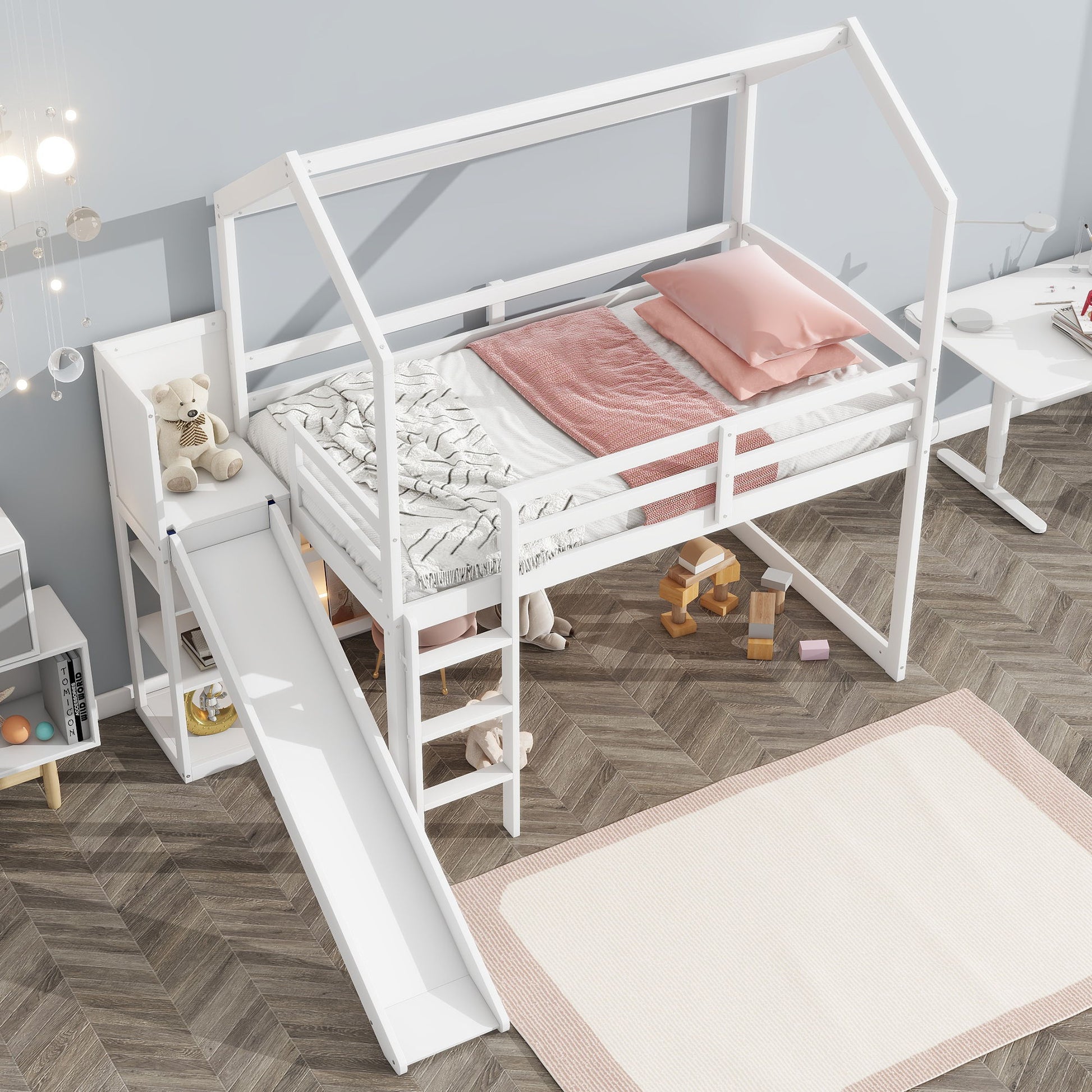 House Loft Bed With Slide, Storage Shelves And Light, Climbing Ramp - The Sleep Loft - Online Mattress Showroom NYC