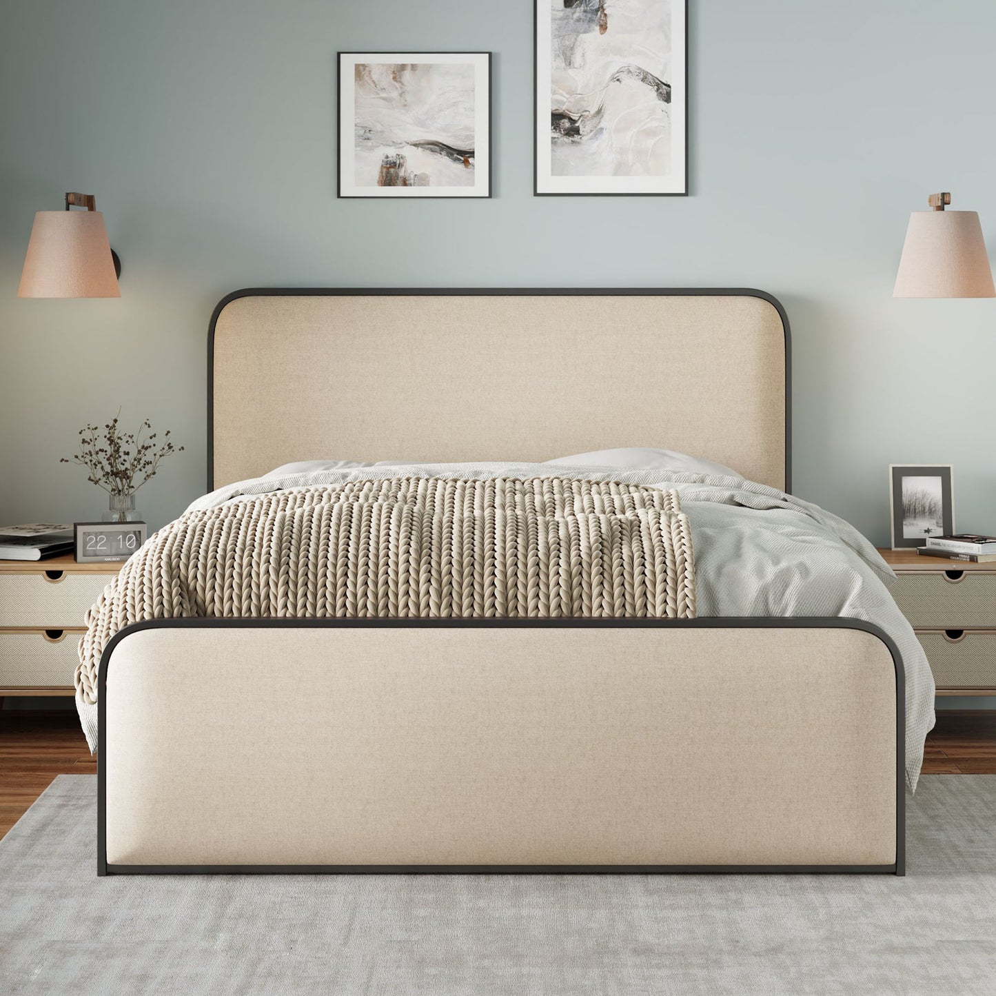Modern Bed With Curved Upholstered Headboard And Footboard, Heavy Duty Metal Slats - The Sleep Loft - Online Mattress Showroom NYC