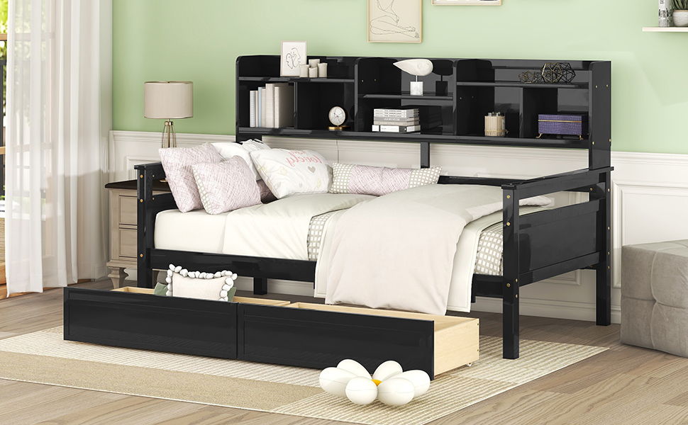 Daybed, Slat Support, With Bedside Shelves And 2 Drawers - The Sleep Loft - Online Mattress Showroom NYC