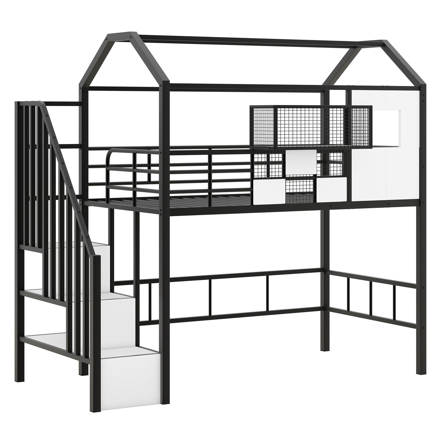 Metal Loft Bed With Roof Design And Storage Box With Guardrails And Integrated Ladder - The Sleep Loft - Online Mattress Showroom NYC