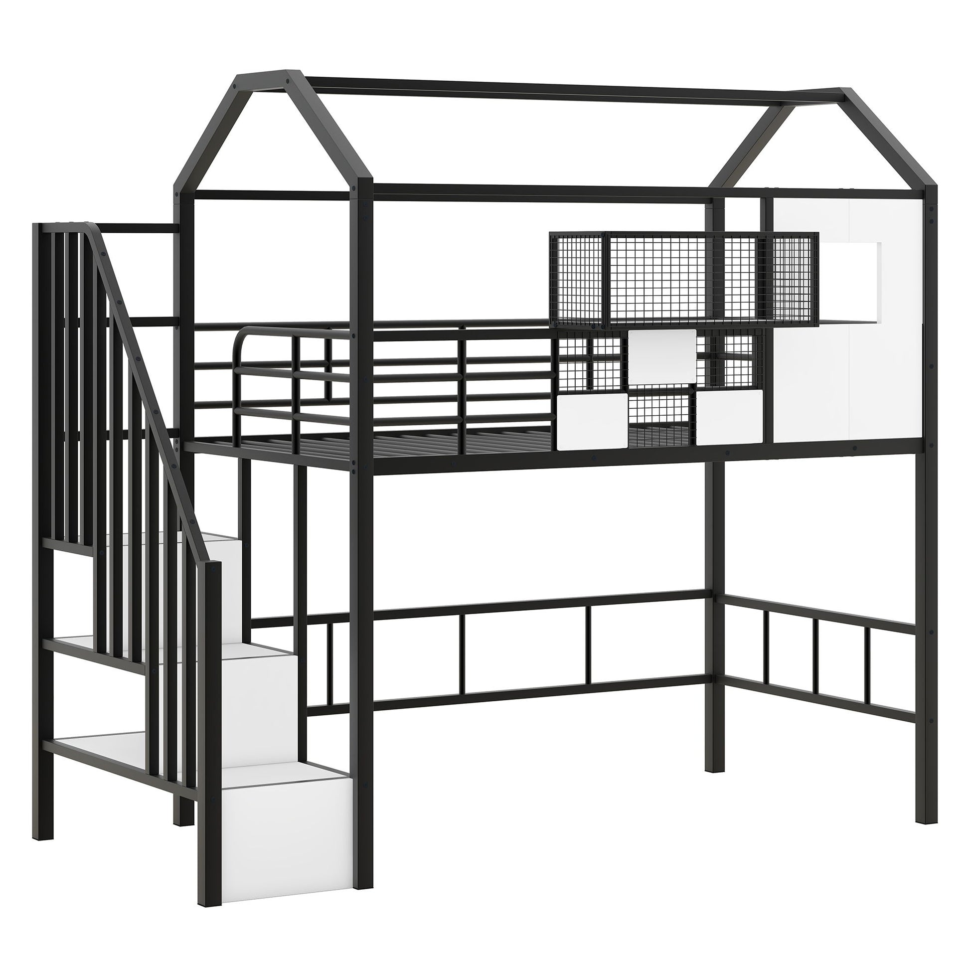 Metal Loft Bed With Roof Design And Storage Box With Guardrails And Integrated Ladder - The Sleep Loft - Online Mattress Showroom NYC