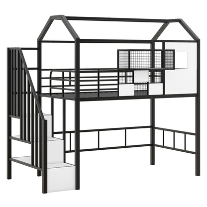 Metal Loft Bed With Roof Design And Storage Box With Guardrails And Integrated Ladder - The Sleep Loft - Online Mattress Showroom NYC