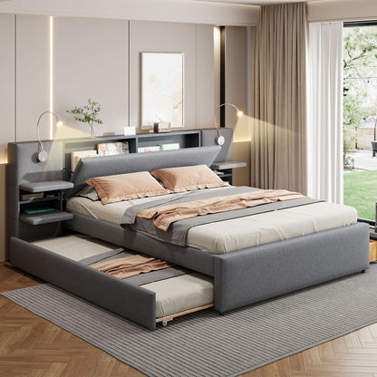 Upholstered Platform Bed With Reading Lights, Drawers, Trundle And Shelves - The Sleep Loft - Online Mattress Showroom NYC
