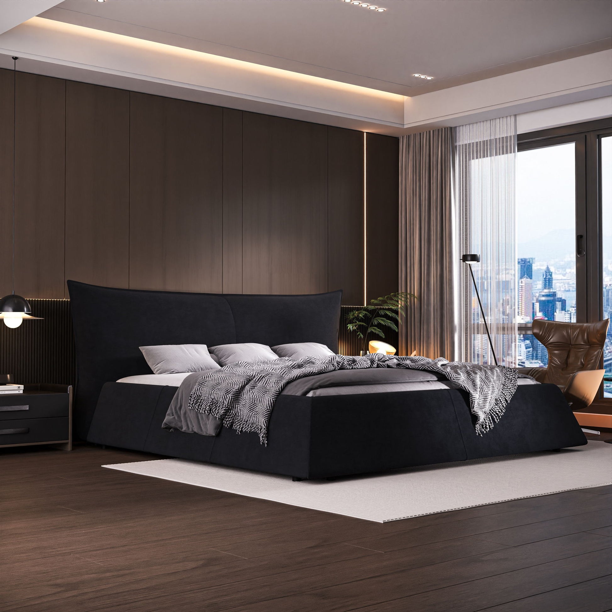 Upholstered Platform Bed With Special Shaped Headboard - The Sleep Loft - Online Mattress Showroom NYC