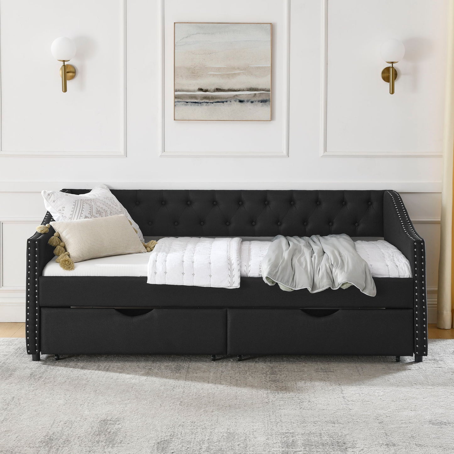 Upholstered Tufted Daybed With 2 Drawers, Waved Arms - The Sleep Loft - Online Mattress Showroom NYC