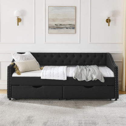Upholstered Tufted Daybed With 2 Drawers, Waved Arms - The Sleep Loft - Online Mattress Showroom NYC
