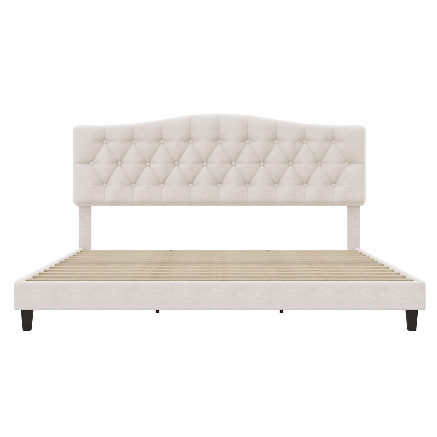 King Upholstered Platform Bed With Curved Adjustable Headboard And Diamond Tufted Details, No Box Spring Needed - Beige
