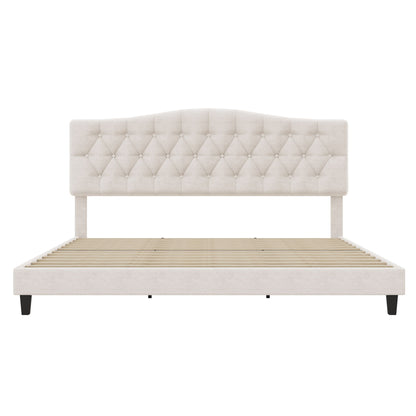King Upholstered Platform Bed With Curved Adjustable Headboard And Diamond Tufted Details, No Box Spring Needed - Beige
