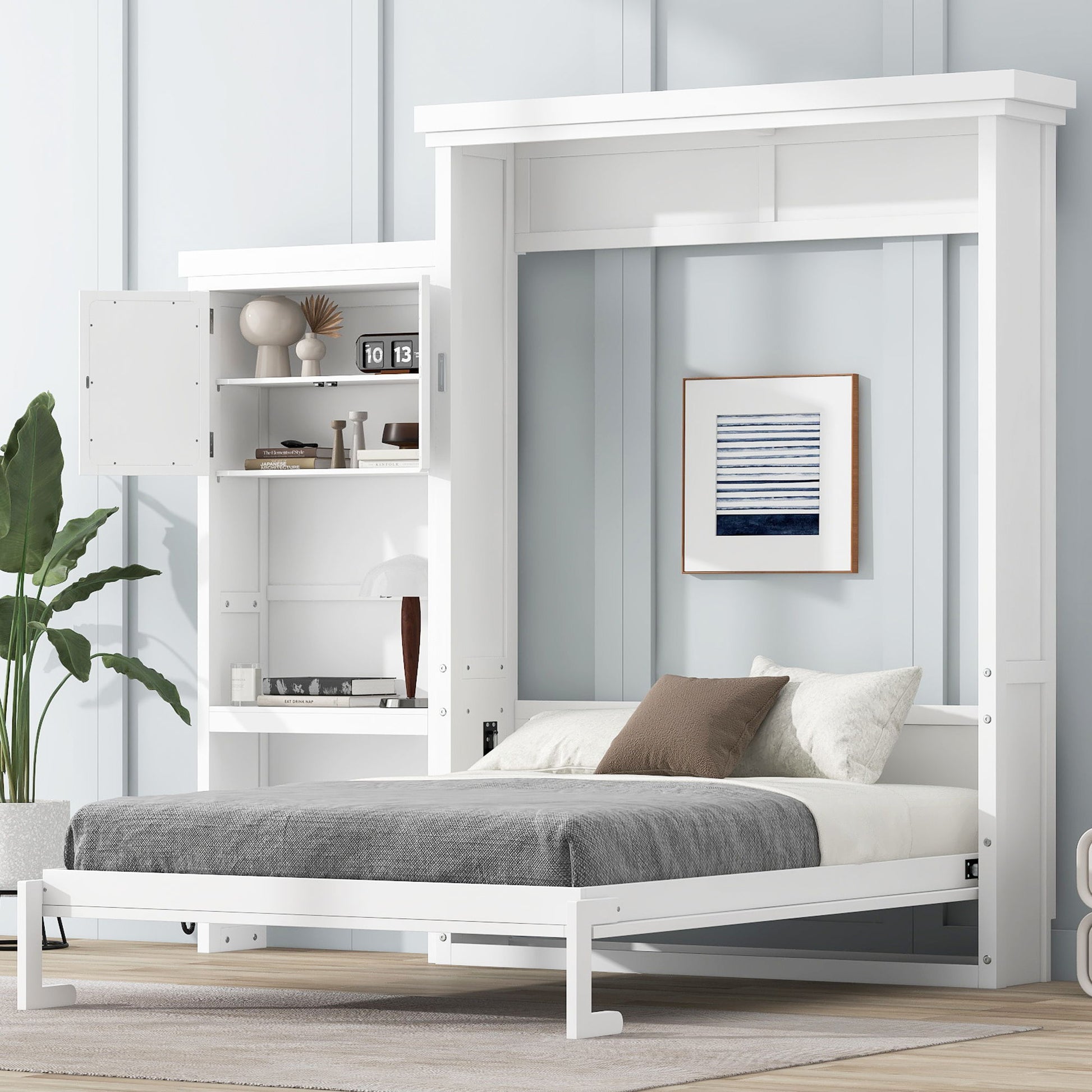 Queen Size Murphy Bed With Louvered Design And Multiple Storage Shelves - White - The Sleep Loft - Online Mattress Showroom NYC