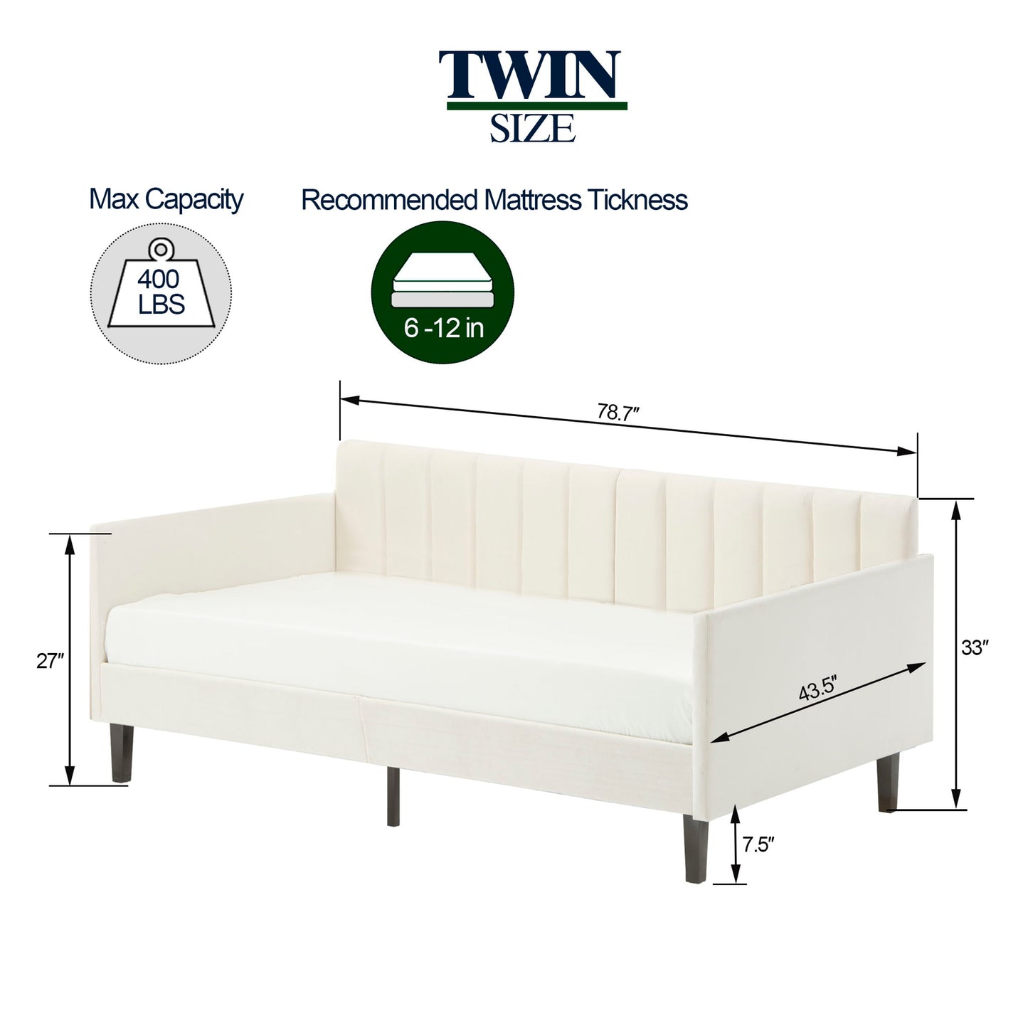 Elena - Boucle Upholstered Daybed, Ribbed Tufted Backrest - The Sleep Loft - Online Mattress Showroom NYC