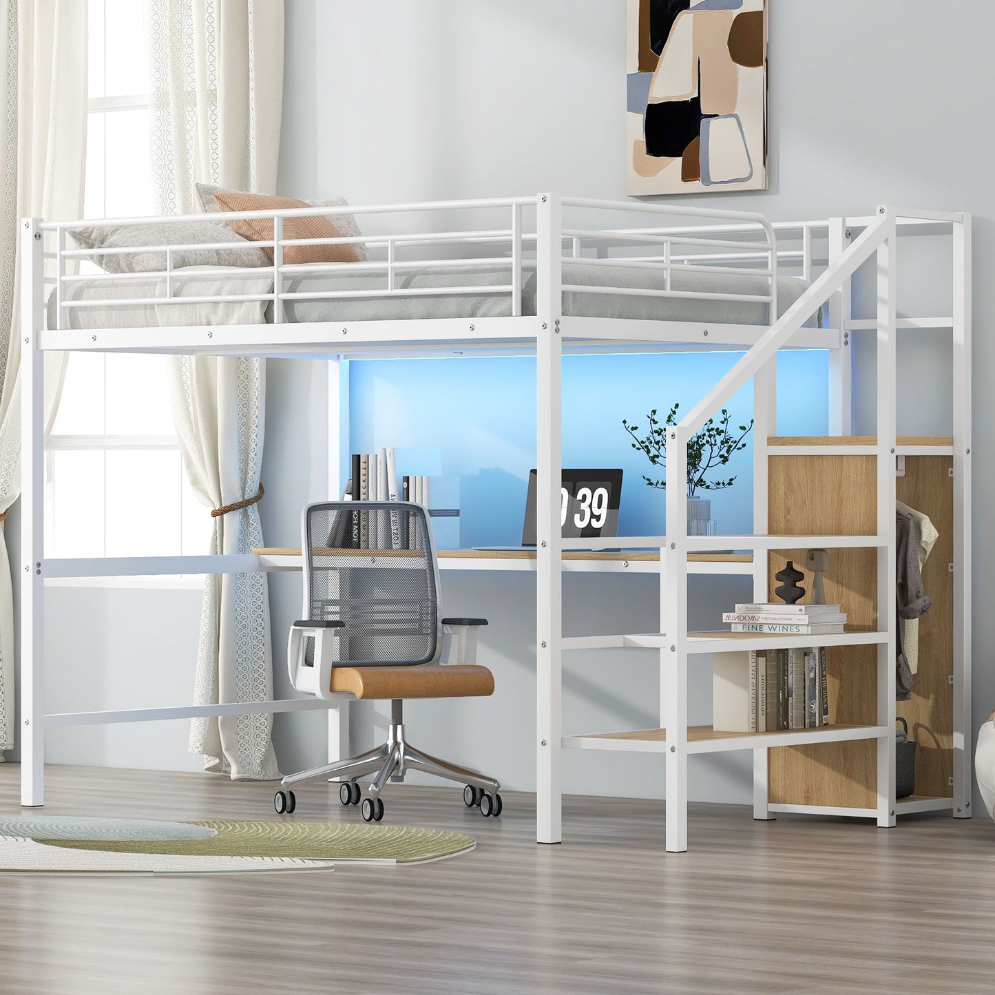 Loft Bed With Desk, Storage Staircase, Small Wardrobe And LED Light - The Sleep Loft - Online Mattress Showroom NYC