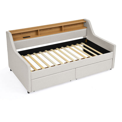 Twin Upholstered Sofa Bed With LED Lights, Storage Drawers, Adjustable Headboard & Wireless Charging - Beige - The Sleep Loft - Online Mattress Showroom NYC