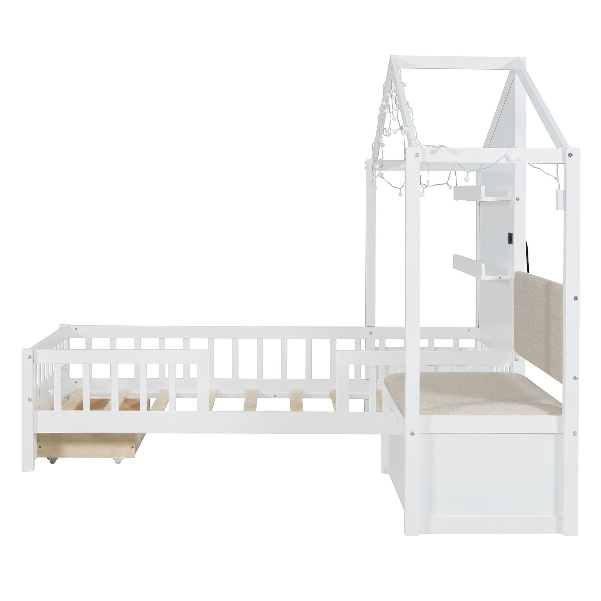 House Bed With Upholstered Sofa, Wireless Charging Station, Shelves And 2 Drawers - The Sleep Loft - Online Mattress Showroom NYC