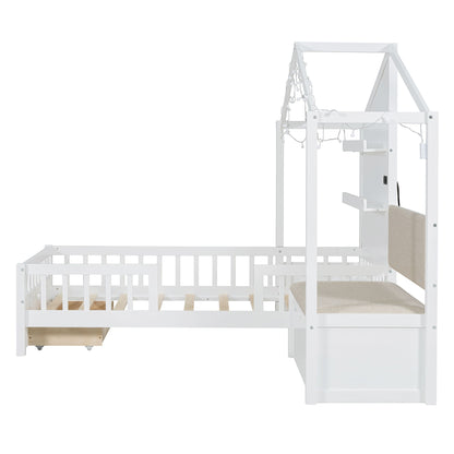 House Bed With Upholstered Sofa, Wireless Charging Station, Shelves And 2 Drawers - The Sleep Loft - Online Mattress Showroom NYC