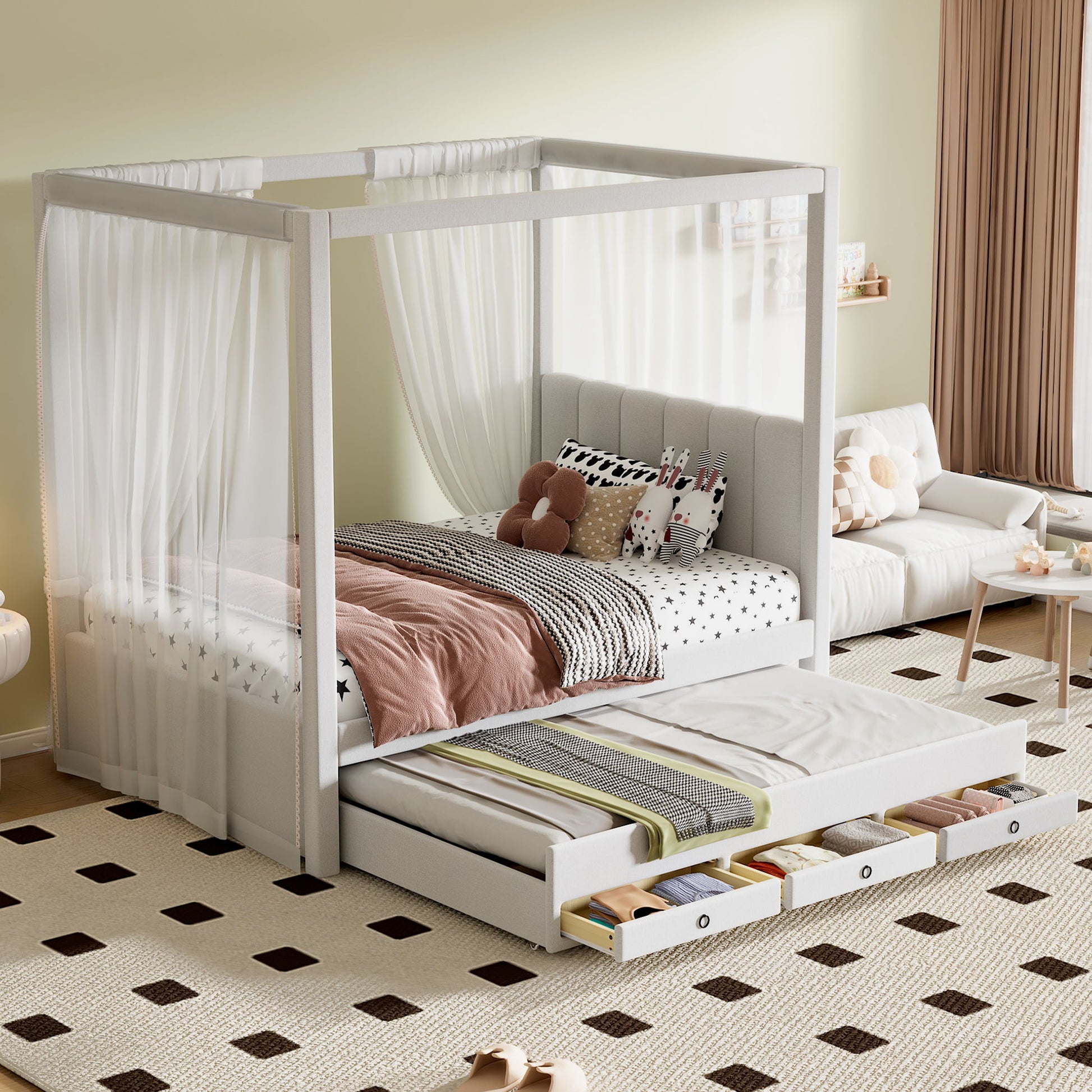 Upholstery Canopy Platform Bed With Trundle And Three Storage Drawers - The Sleep Loft - Online Mattress Showroom NYC