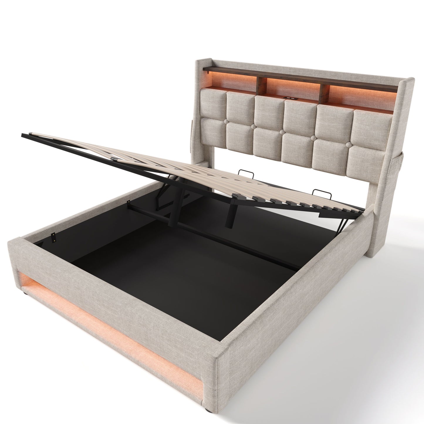 Upholstered Platform Bed With A Hydraulic Storage System, LED And USB Charging (Without Mattress) - The Sleep Loft - Online Mattress Showroom NYC