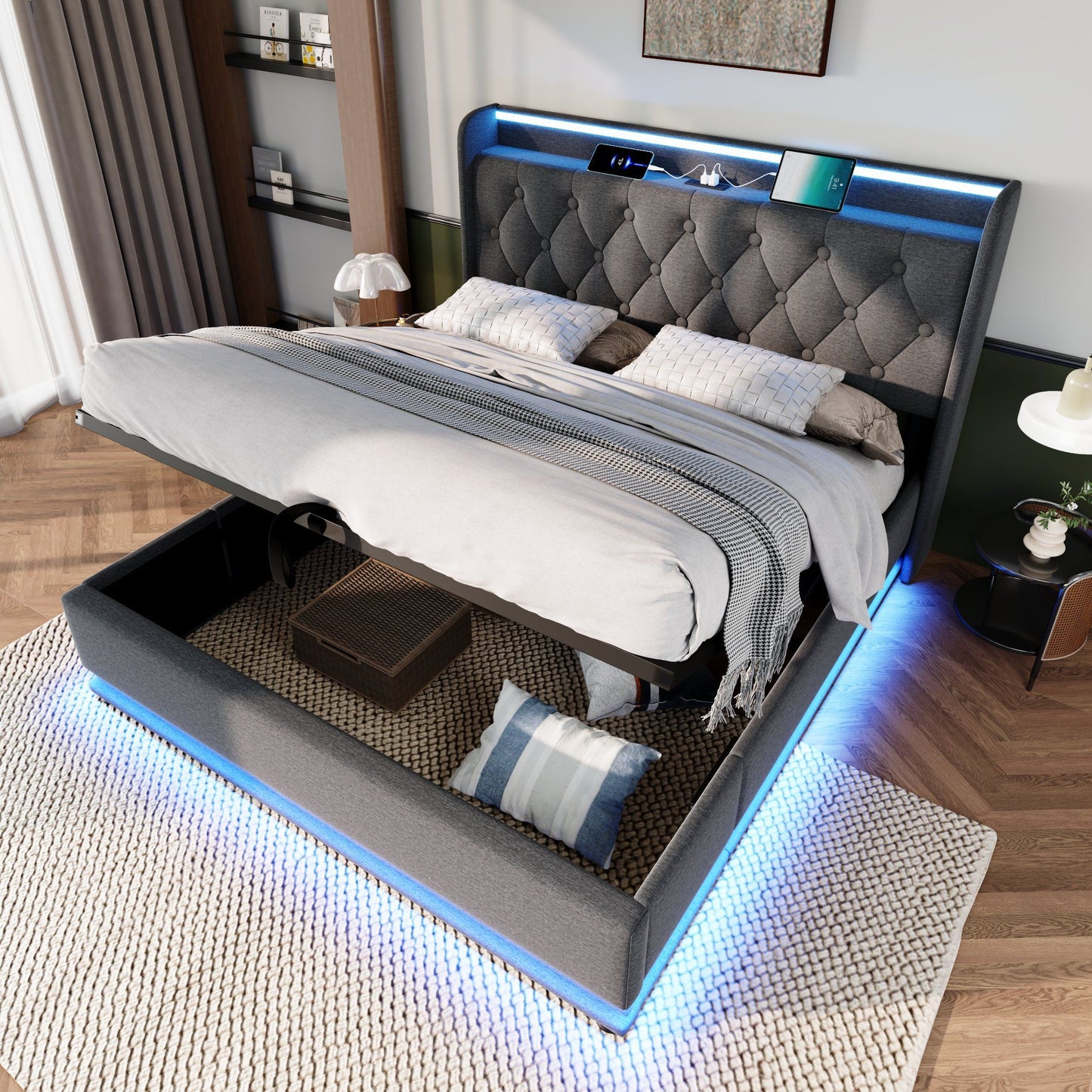 Upholstered Bed, 360 Surround LED Function, Remote Control, Hydraulic Storage Bed With USB, Type-C Charging (Without Mattress) - The Sleep Loft - Online Mattress Showroom NYC
