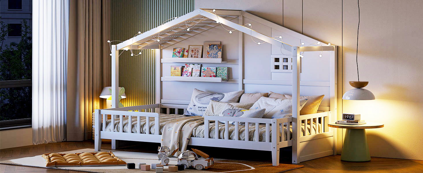 House Bed With Shelves, Window And Sparkling Light Strip On The Roof - The Sleep Loft - Online Mattress Showroom NYC