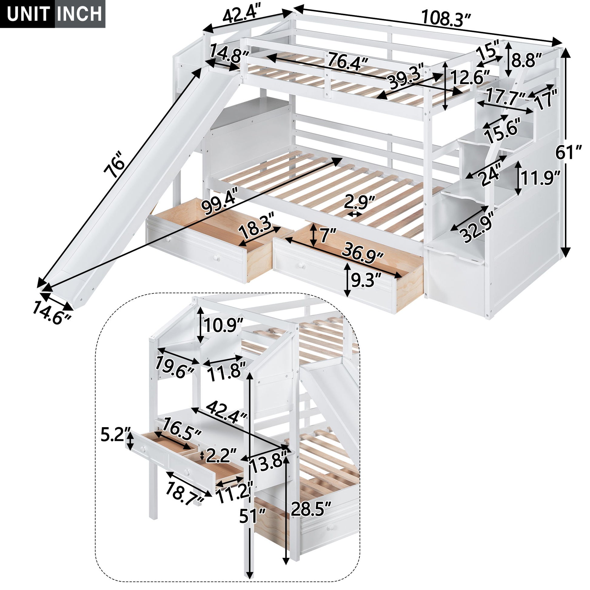 Bunk Bed With Storage Staircase, Slide, Desk, Drawers, And Shelves - The Sleep Loft - Online Mattress Showroom NYC