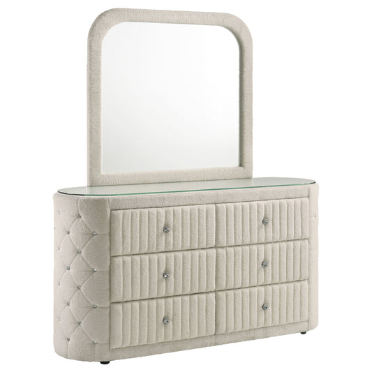 Sonya 6-drawer Upholstered Bedroom Dresser with Mirror Ivory - The Sleep Loft - Online Mattress Showroom NYC