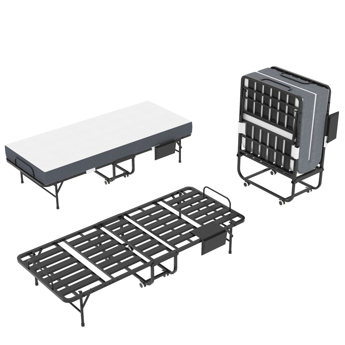 Twin Folding Bed With Memory Foam Mattress, On Wheels, Portable Bed For Adults & Guests - Black - The Sleep Loft - Online Mattress Showroom NYC