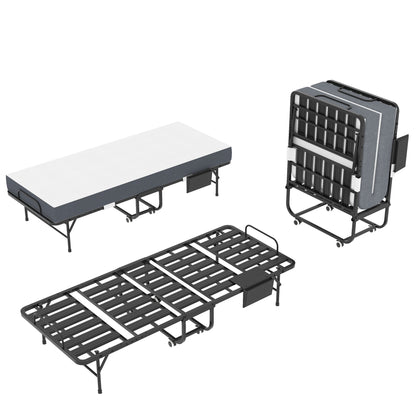 Twin Folding Bed With Memory Foam Mattress, On Wheels, Portable Bed For Adults & Guests - Black - The Sleep Loft - Online Mattress Showroom NYC