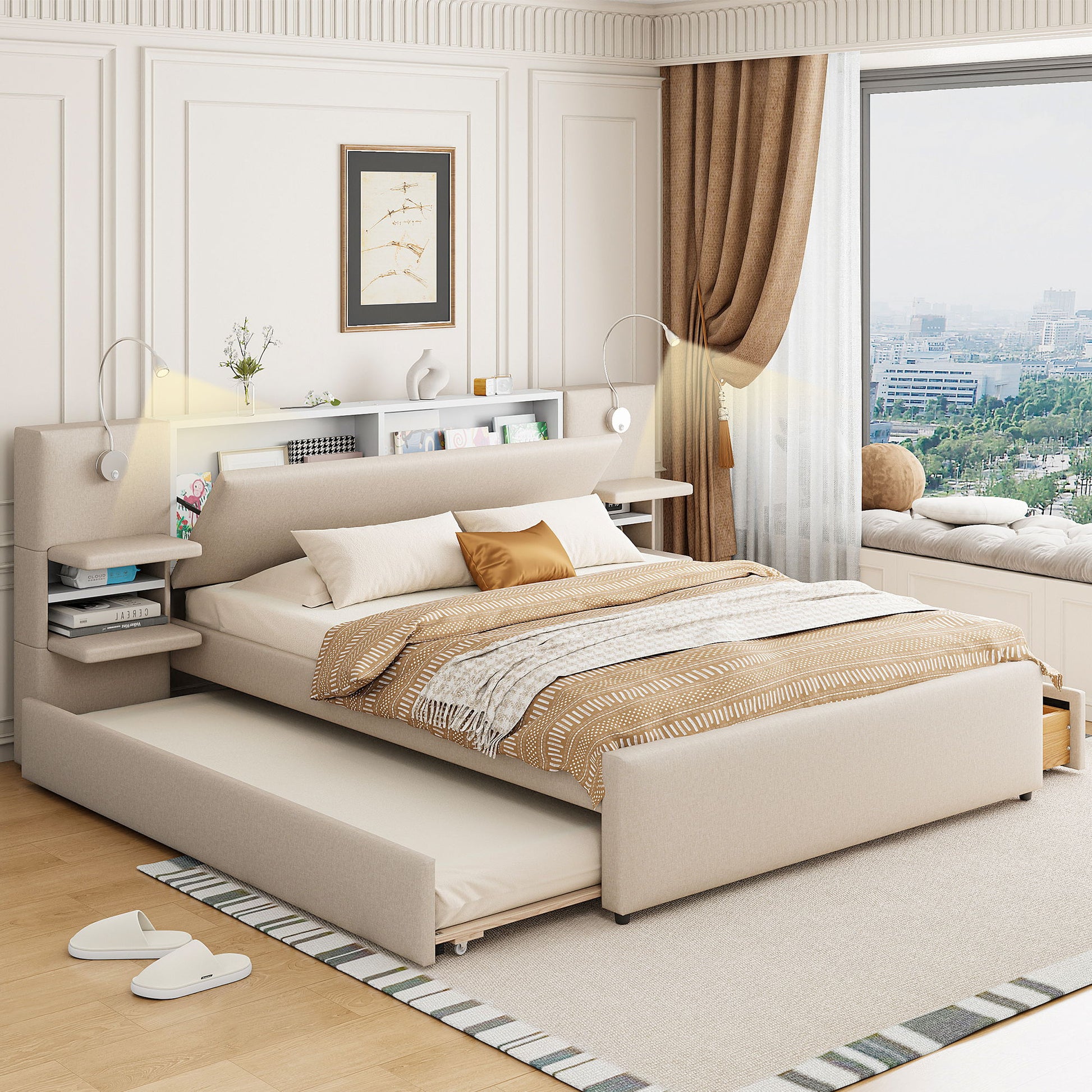 Upholstered Platform Bed With Reading Lights, Drawers, Trundle And Shelves - The Sleep Loft - Online Mattress Showroom NYC