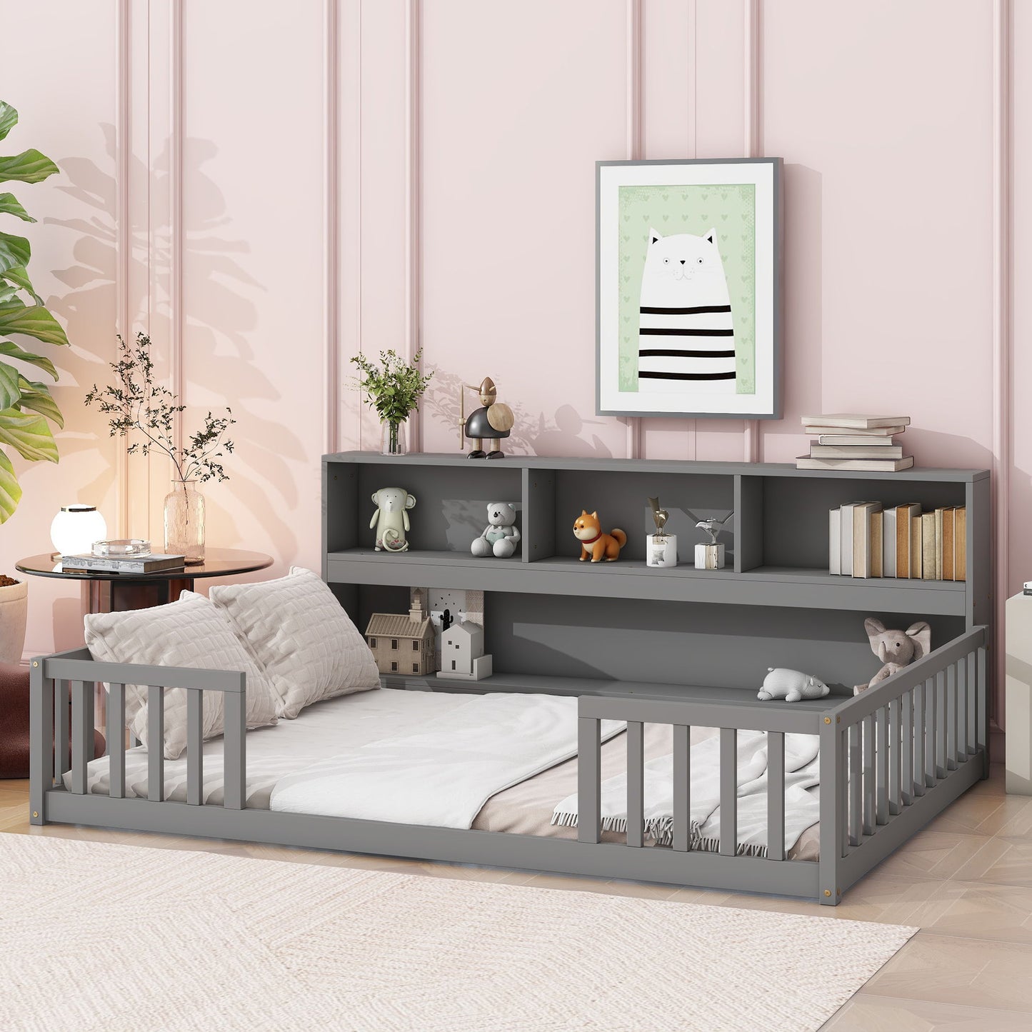 Floor Bed With Side Bookcase, Shelves, Guardrails - The Sleep Loft - Online Mattress Showroom NYC