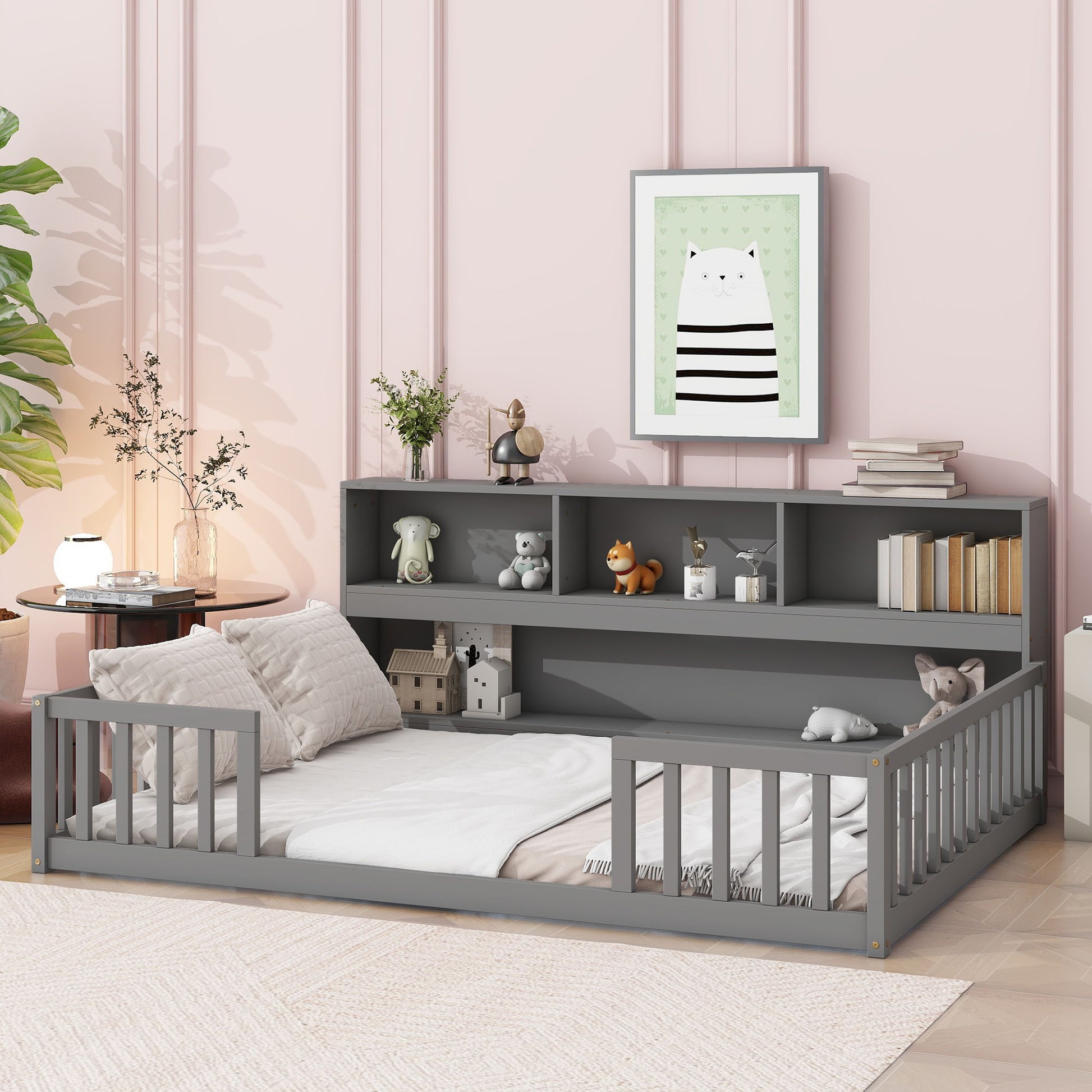 Floor Bed With Side Bookcase, Shelves, Guardrails - The Sleep Loft - Online Mattress Showroom NYC