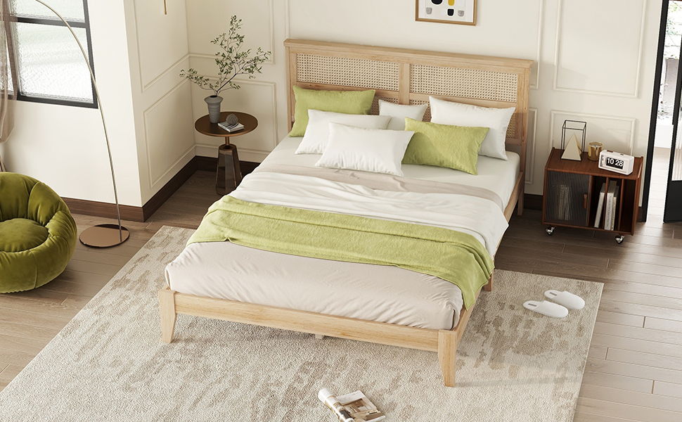 Queen Size Rubber Wooden, Solid Wooden Bed With Rattan Headboard, Enhanced By Support Feet - Natural - The Sleep Loft - Online Mattress Showroom NYC