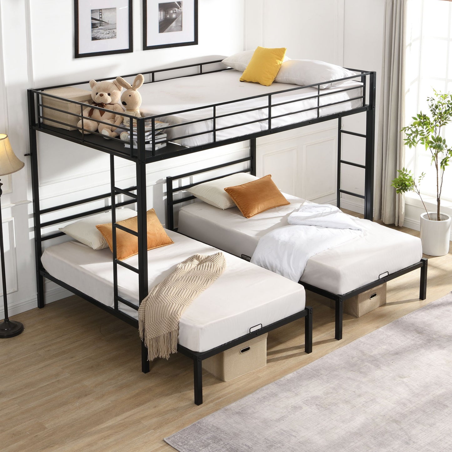 Modern Metal Triple Bunk Bed With Vertical Ladder, Safety Rail, And Storage Shelf - Black - The Sleep Loft - Online Mattress Showroom NYC