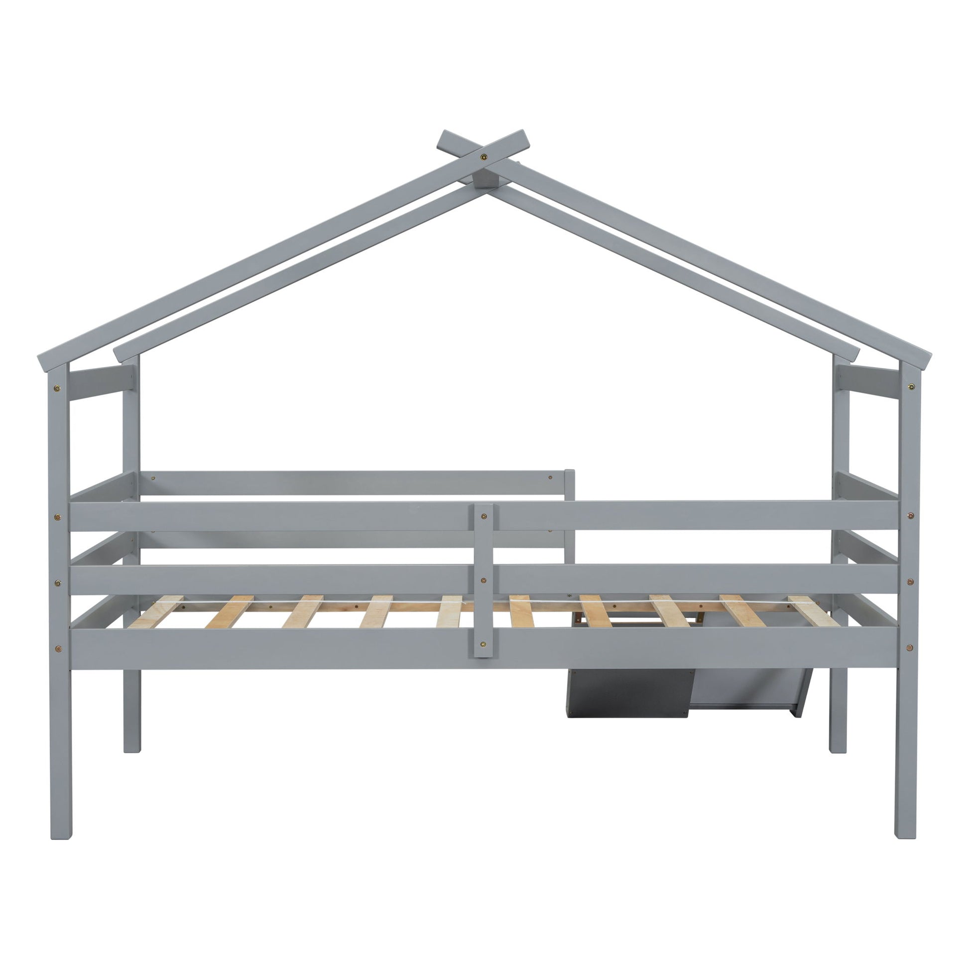 Low Loft House Bed With Slide, Ladder, Safety Guardrails, House Roof Frame - The Sleep Loft - Online Mattress Showroom NYC