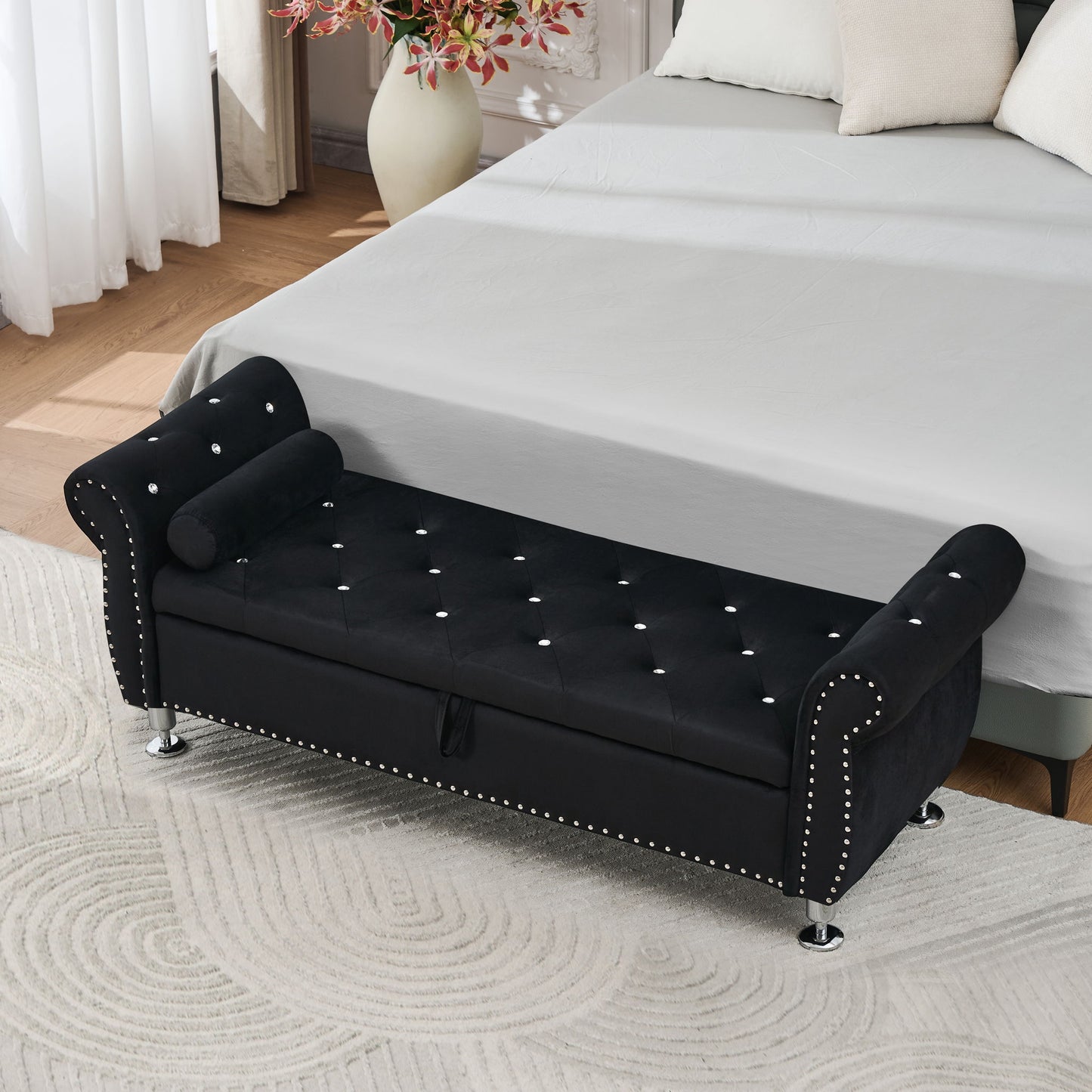 Storage Bench With Crystal Buttons And 1 Pillow For Bedroom - The Sleep Loft - Online Mattress Showroom NYC