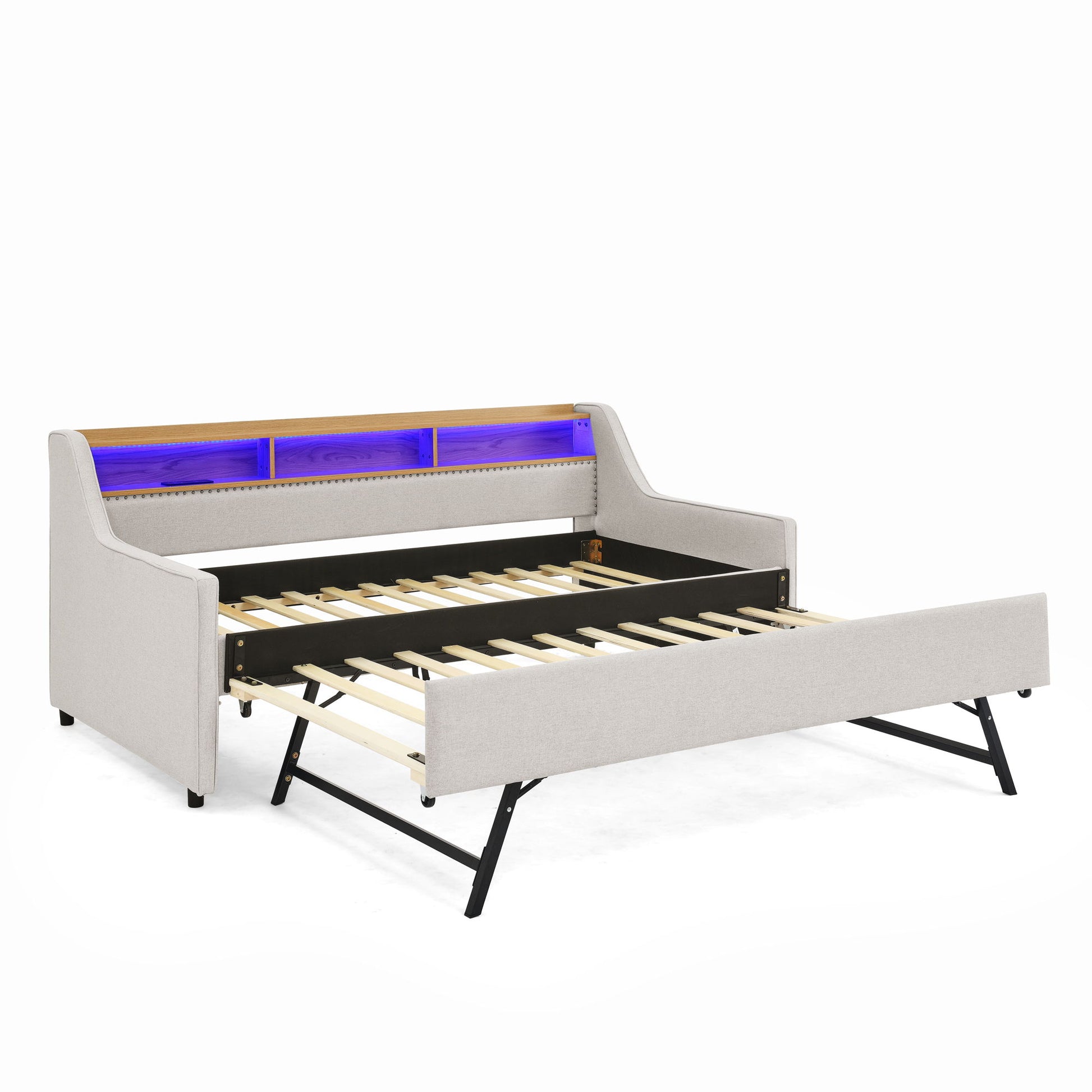 Upholstered Sofa Bed With LED Lights, Storage Headboard, Foldable Trundle & Wireless Charging - The Sleep Loft - Online Mattress Showroom NYC