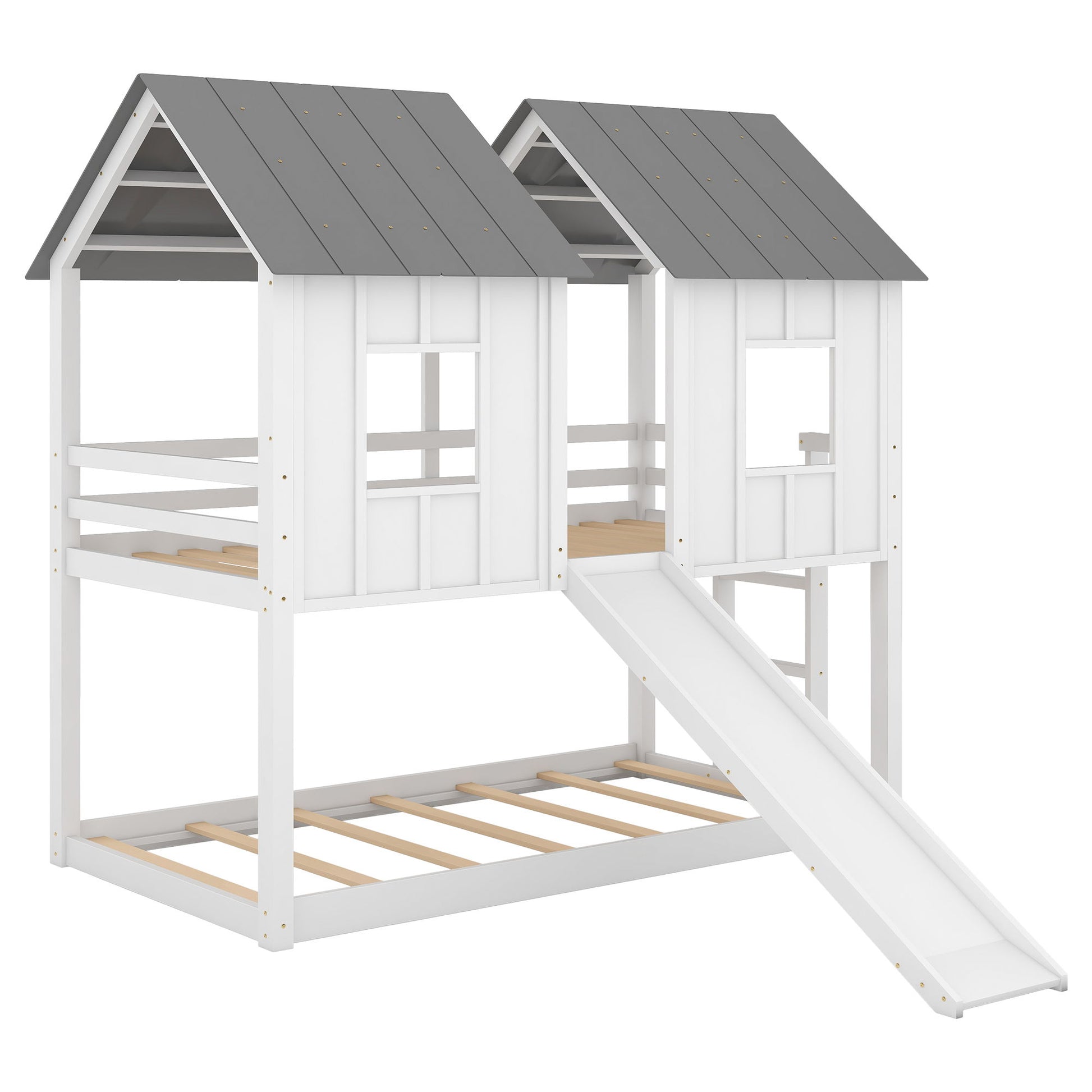 Twin Over Twin House Bunk Bed With Slide And Windows - White / Gray - The Sleep Loft - Online Mattress Showroom NYC