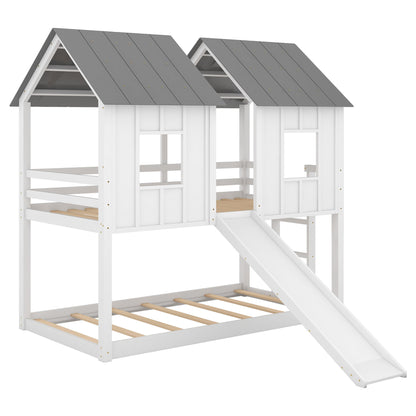 Twin Over Twin House Bunk Bed With Slide And Windows - White / Gray - The Sleep Loft - Online Mattress Showroom NYC