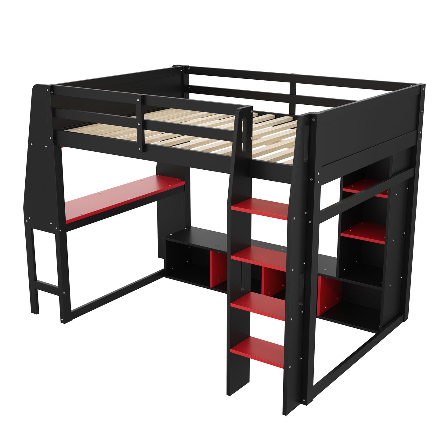 Gaming Loft Bed With Desk, Multi Storage Shelves, LED Lighting, And Hanging Clothes Rack - The Sleep Loft - Online Mattress Showroom NYC