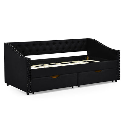 Upholstered Tufted Daybed With 2 Drawers, Waved Arms - The Sleep Loft - Online Mattress Showroom NYC
