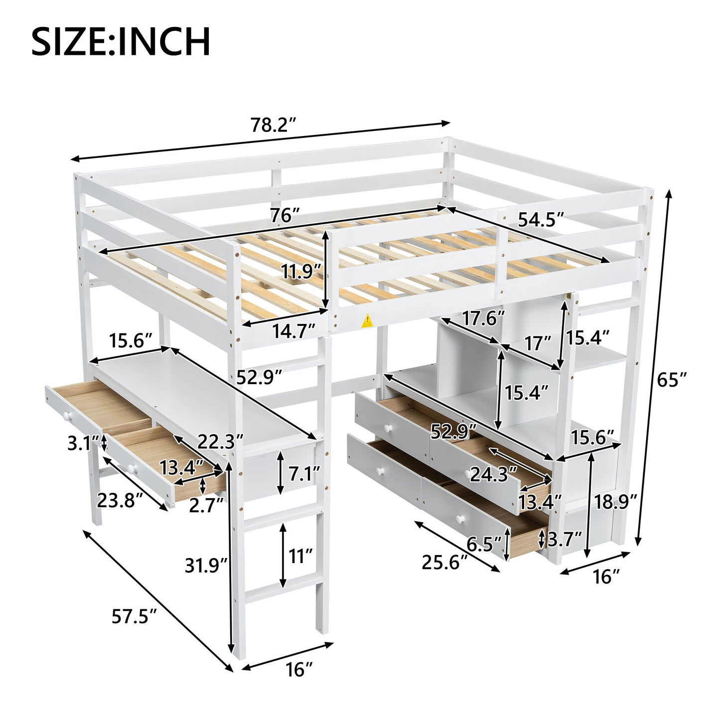 Full Size Loft Bed With Built In Desk, 2 Drawers, Storage Shelves - White - The Sleep Loft - Online Mattress Showroom NYC