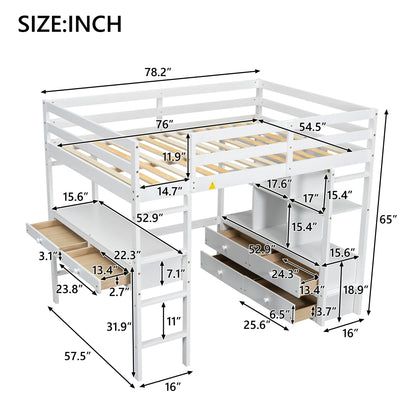 Full Size Loft Bed With Built In Desk, 2 Drawers, Storage Shelves - White - The Sleep Loft - Online Mattress Showroom NYC