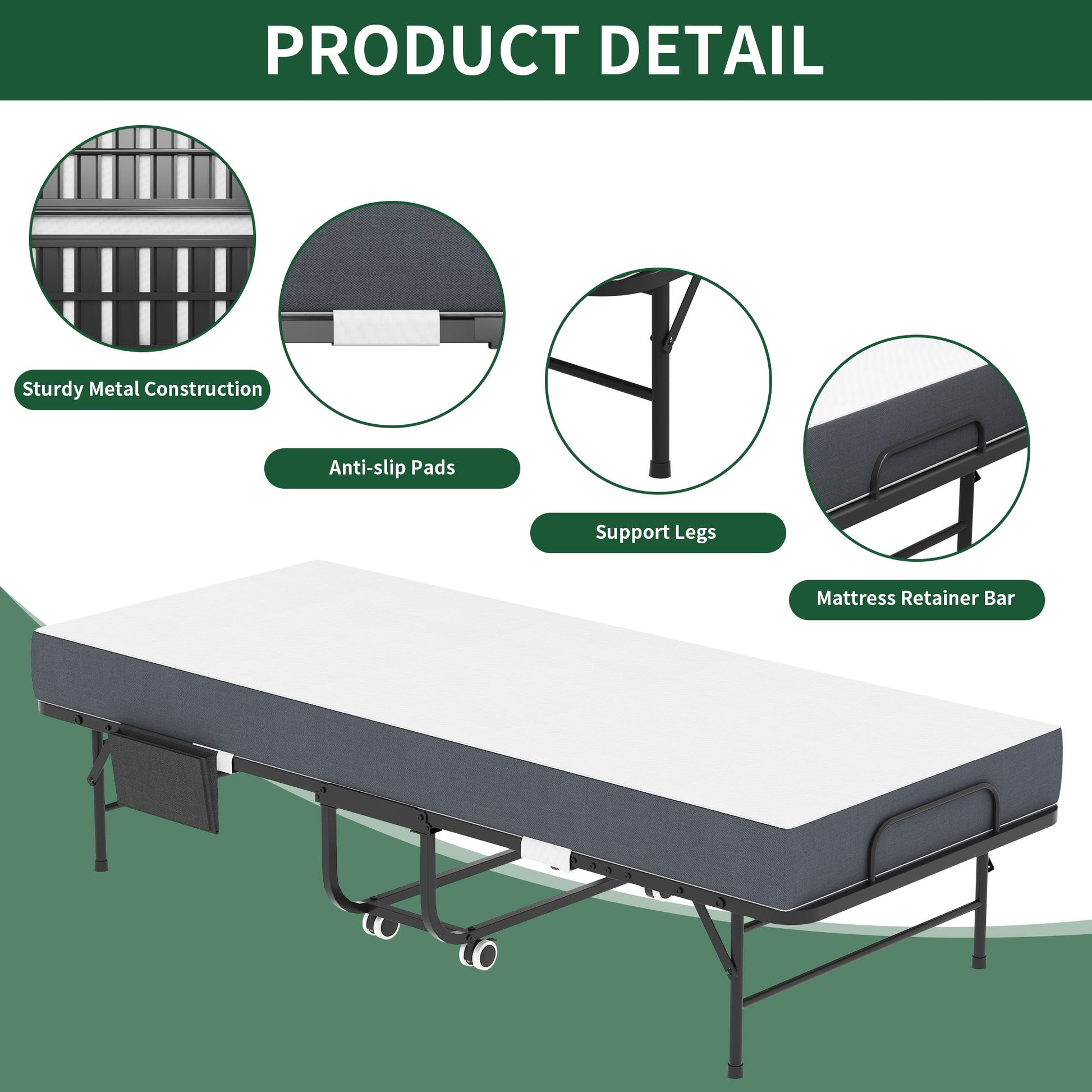 Twin Folding Bed With Memory Foam Mattress, On Wheels, Portable Bed For Adults & Guests - Black - The Sleep Loft - Online Mattress Showroom NYC