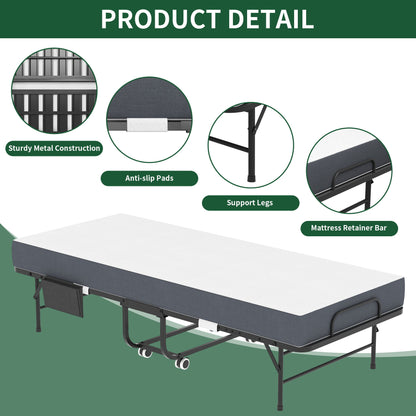 Twin Folding Bed With Memory Foam Mattress, On Wheels, Portable Bed For Adults & Guests - Black - The Sleep Loft - Online Mattress Showroom NYC