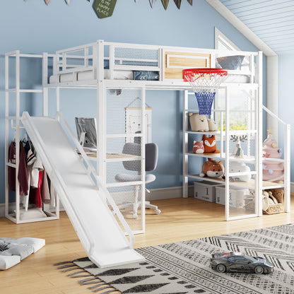 Loft Bed With Built In Desk, Open Wardrobe, Basketball Hoop, Slide And Staircase - The Sleep Loft - Online Mattress Showroom NYC