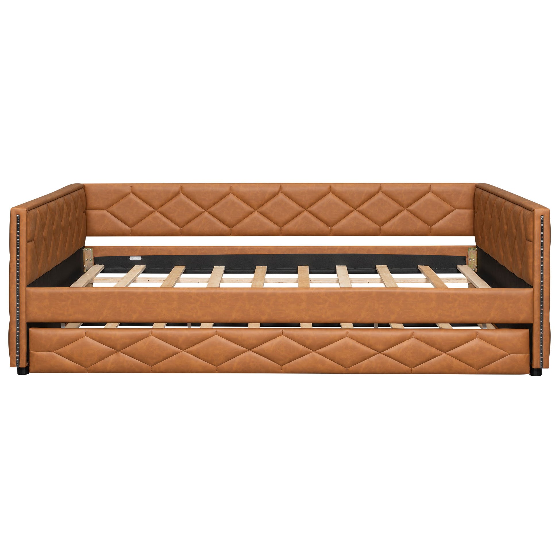 Upholstered Full Long Daybed With Trundle And LED Armrests - Brown - The Sleep Loft - Online Mattress Showroom NYC