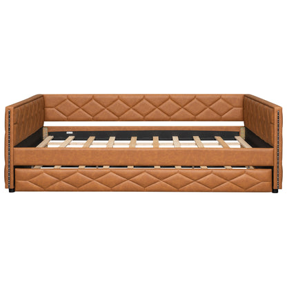 Upholstered Full Long Daybed With Trundle And LED Armrests - Brown - The Sleep Loft - Online Mattress Showroom NYC