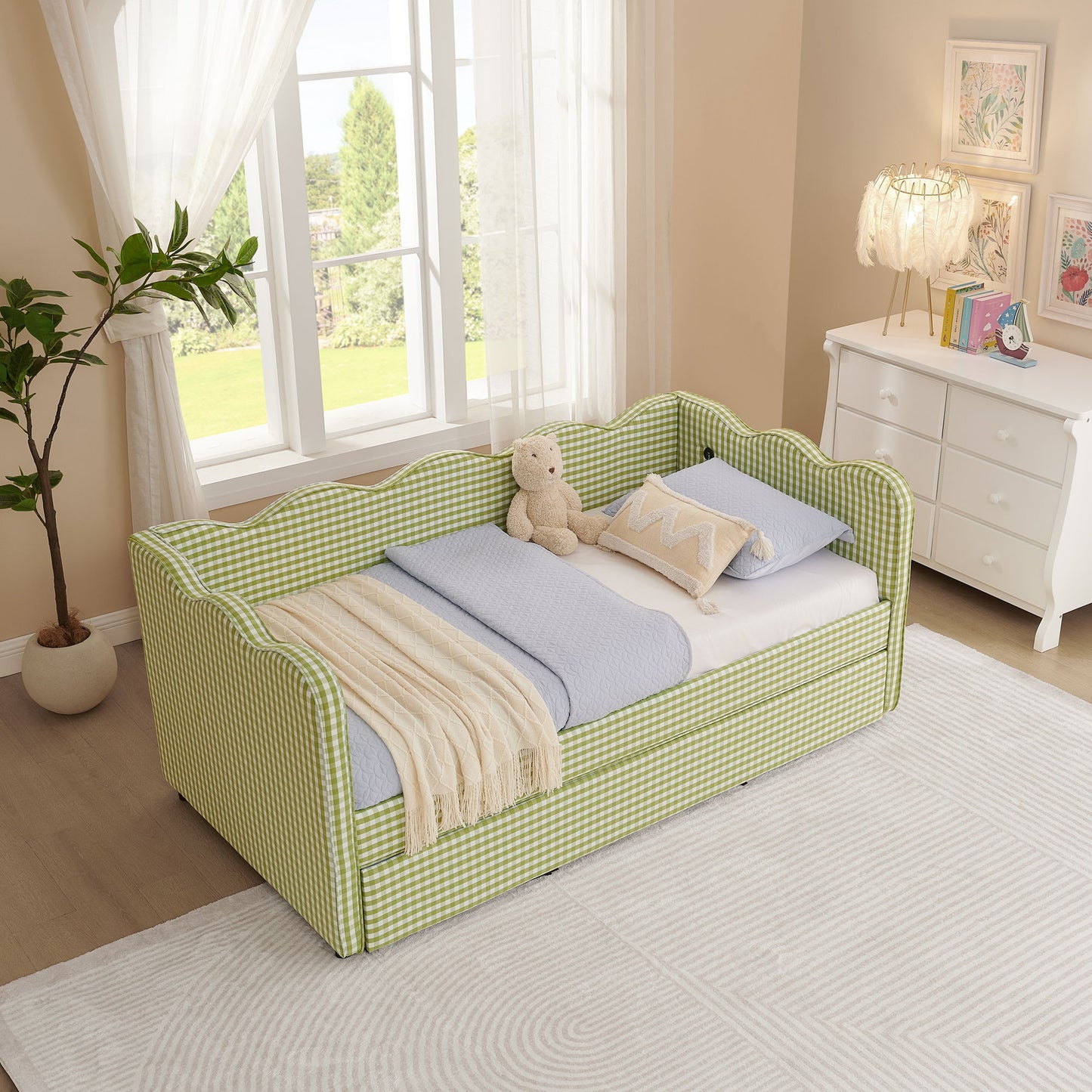 Gingham Daybed With USB Charging Port, Wave-Shaped Design - The Sleep Loft - Online Mattress Showroom NYC