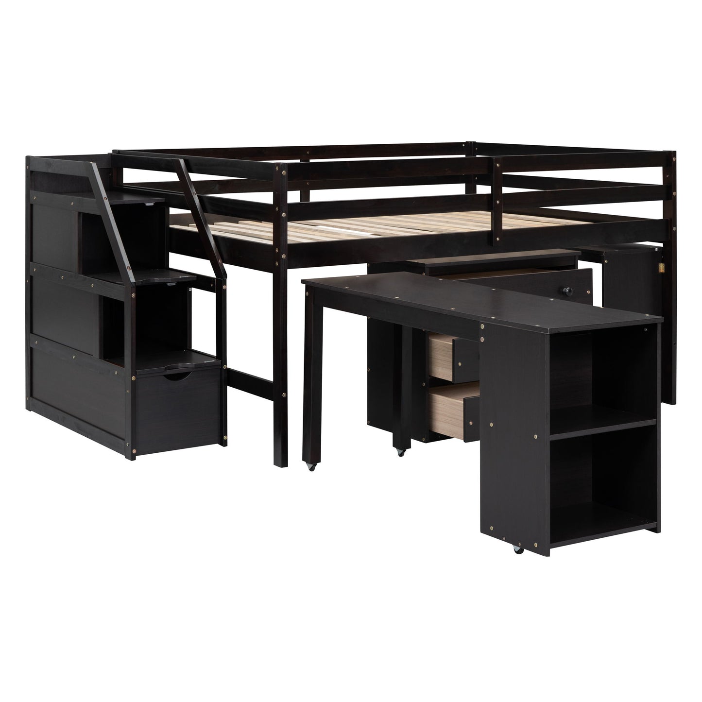 Loft Bed With Retractable Writing Desk And 3 Drawers With Storage Stairs And Shelves - The Sleep Loft - Online Mattress Showroom NYC